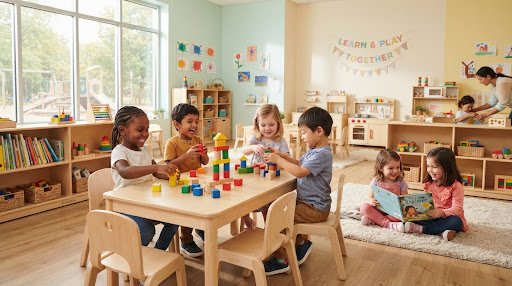Happy children playing with building blocks in a sunlit classroom at Small Wonderz Play School